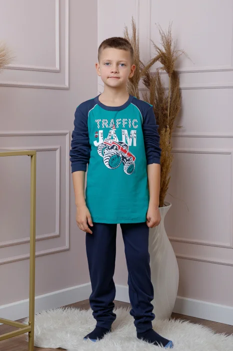 Pijama baieti Oliver din bumbac turcoaz cu imprimeu monster truck