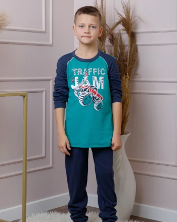 Pijama baieti Oliver din bumbac turcoaz cu imprimeu monster truck