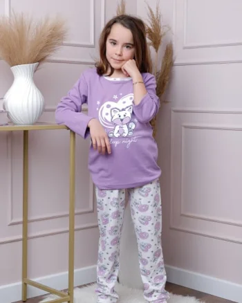 Pijama fetite Ellie din bumbac mov cu imprimeu cu pisicute