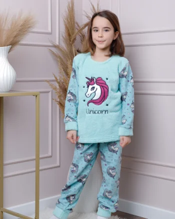 Pijama fetite Daisy din fleece bleu cu model cu unicorni