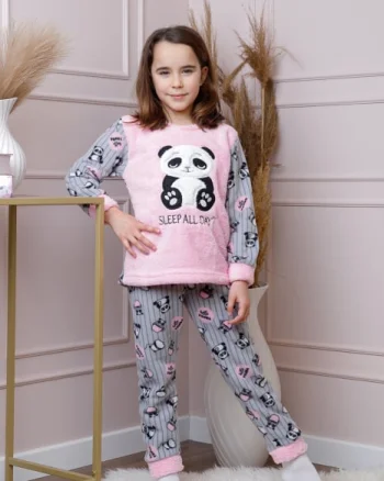 Pijama fetite Daisy din fleece roz cu model cu panda