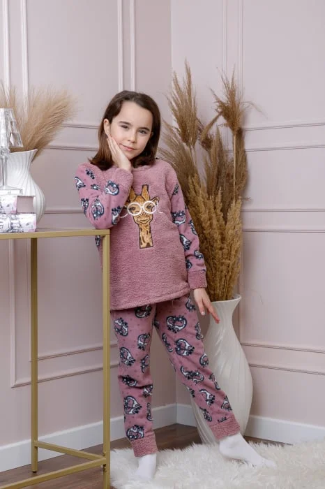 Pijama fetite Daisy din fleece roz prafuit cu model cu girafe