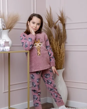 Pijama fetite Daisy din fleece roz prafuit cu model cu girafe
