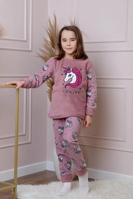 Pijama fetite Daisy din fleece roz prafuit cu model cu unicorni