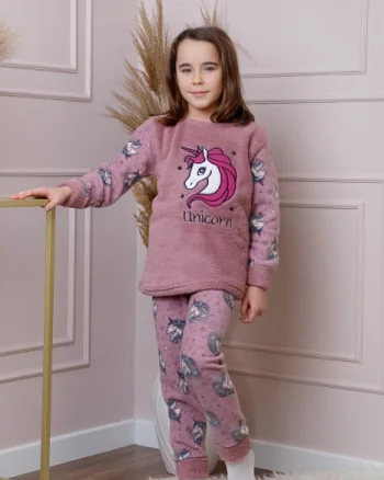 Pijama fetite Daisy din fleece roz prafuit cu model cu unicorni