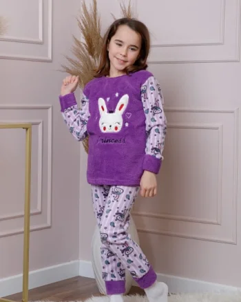 Pijama fetite Daisy din fleece mov cu model cu iepurasi