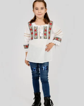 Ie traditionala alba pentru fetite cu motiv floral rosu Medeea