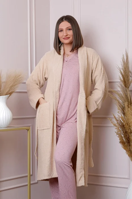 Halat dama Naomi crem cu cordon si buzunare