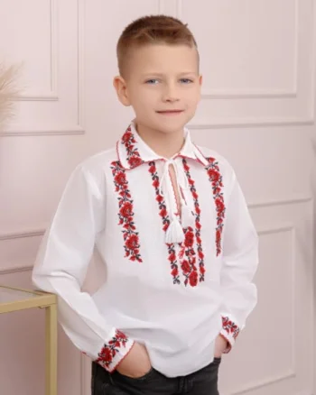 Camasa traditionala de baieti alba cu motiv floral rosu Cristian 01