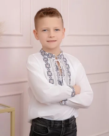 Camasa traditionala de baieti alba cu motiv geometric mov Mihnea