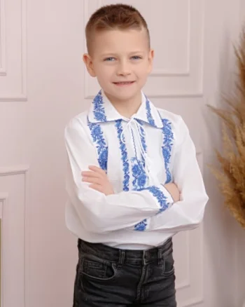 Camasa traditionala de baieti alba cu motiv floral albastru Cristian 02