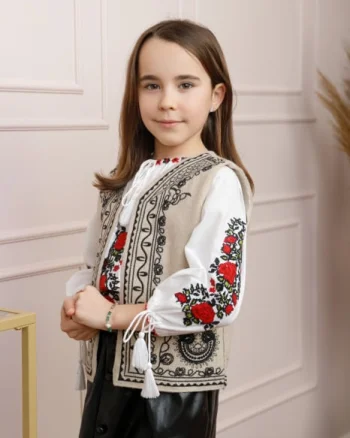 Vesta traditionala crem pentru fetite cu broderie florala neagra Emilia 02