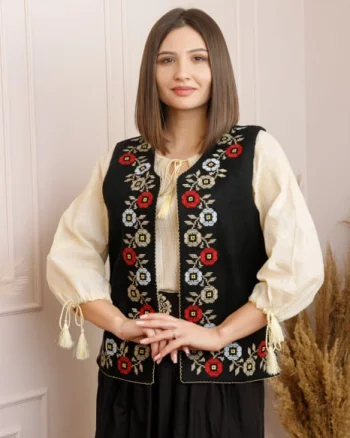 Vesta traditionala neagra cu broderie florala multicolora Ivona