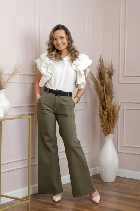 Pantaloni evazati Madison kaki cu talie inalta