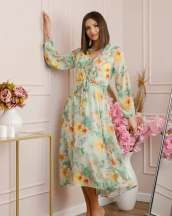 Rochie Carrie din voal cu imprimeu floral verde pastel