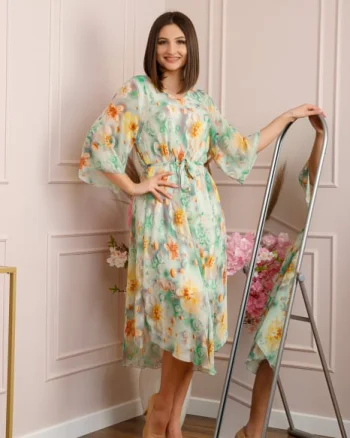 Rochie Grace din voal cu croi in A si imprimeu floral verde