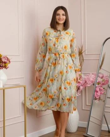 Rochie eleganta Lizzie din voal cu imprimeu floral verde pastel