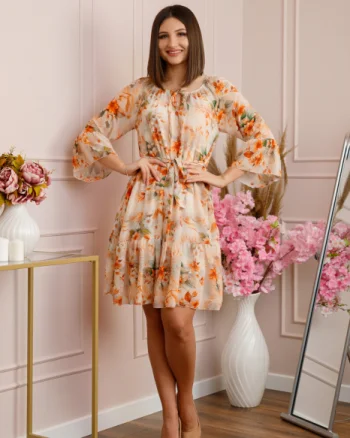Rochie Juliette din voal cu volanase si imprimeu floral orange
