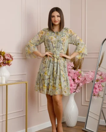 Rochie Juliette din voal cu volanase si imprimeu floral verde pastel