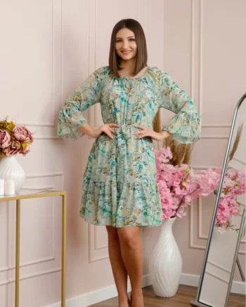Rochie Juliette din voal cu volanase si imprimeu floral verde