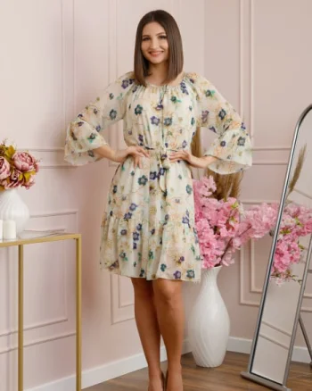 Rochie Juliette din voal cu volanase si imprimeu floral bleumarin