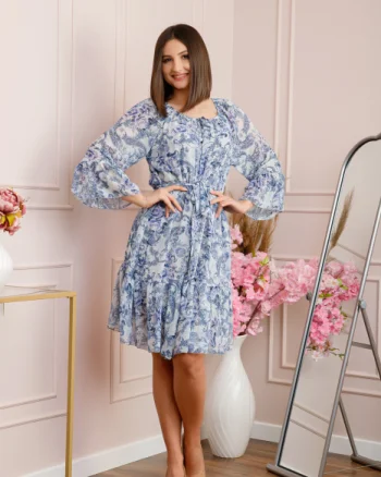 Rochie Juliette din voal cu volanase si imprimeu floral albastru