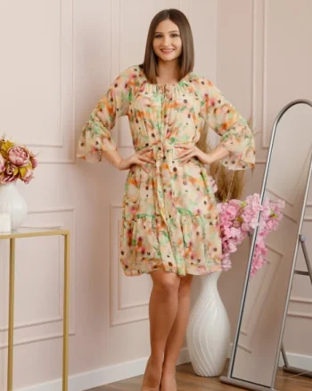 Rochie Juliette din voal cu volanase si imprimeu floral roz somon