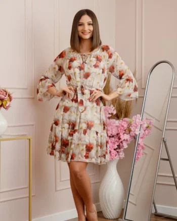 Rochie Juliette din voal cu volanase si imprimeu floral caramiziu