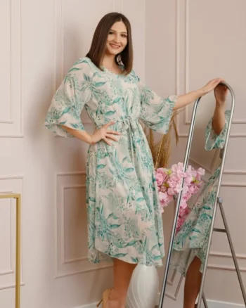 Rochie Grace din voal cu croi in A si imprimeu floral turcoaz