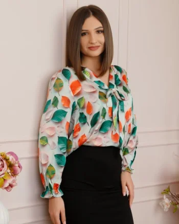Bluza eleganta Jessica cu maneci bufante si decolteu cu funda - Verde