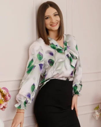 Bluza eleganta Jessica cu maneci bufante si decolteu cu funda - Mov