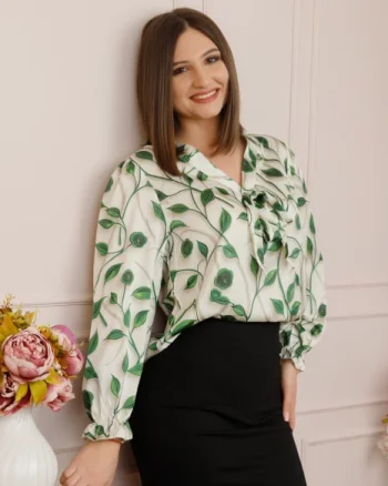 Bluza eleganta Jessica cu maneci bufante si decolteu cu funda - Verde smarald