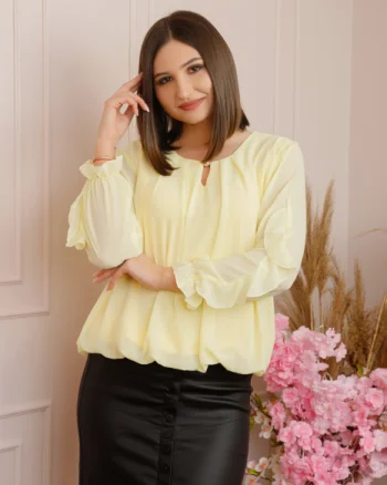 Bluza eleganta Julienne cu volanase si nasture stilizat - Galben