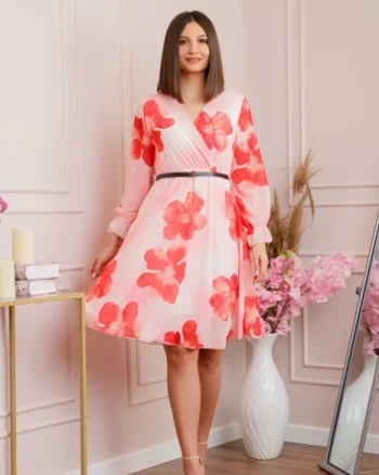 Rochie eleganta Melody din voal cu imprimeu floral rosu si bust petrecut