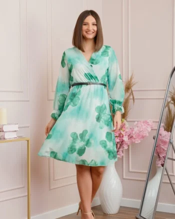 Rochie eleganta Melody din voal cu imprimeu floral verde si bust petrecut