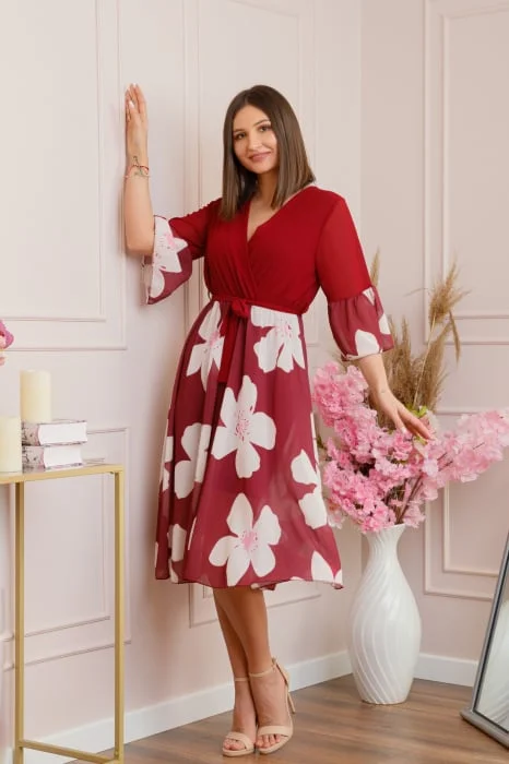 Rochie Lucy eleganta din voal cu imprimeuri florale - Grena
