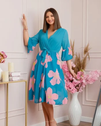 Rochie Lucy eleganta din voal cu imprimeuri florale - Turcoaz