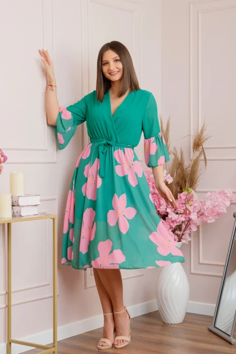 Rochie Lucy eleganta din voal cu imprimeuri florale - Verde