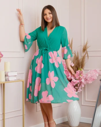 Rochie Lucy eleganta din voal cu imprimeuri florale - Verde