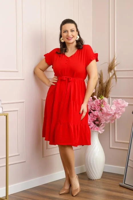 Rochie eleganta Rosalie cu volane si cordon in talie - Rosu
