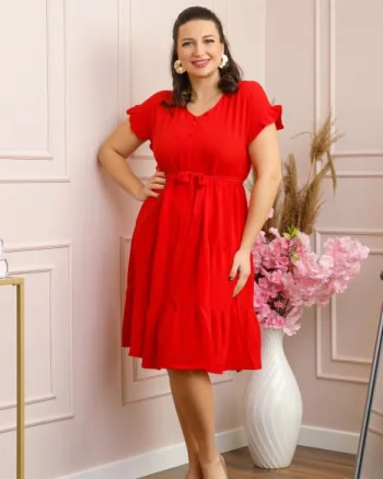 Rochie eleganta Rosalie cu volane si cordon in talie - Rosu