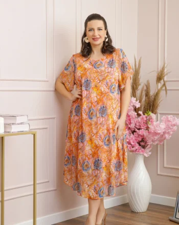 Rochie Margot din voal cu baza asimetrica si imprimeu floral orange