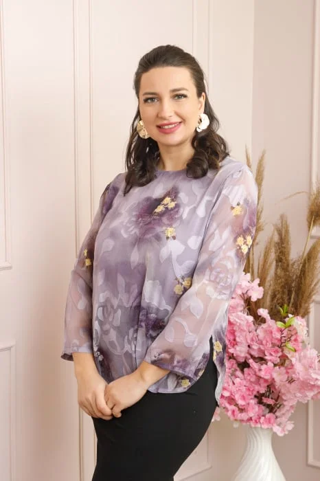Bluza Florence eleganta din voal lila cu imprimeu floral