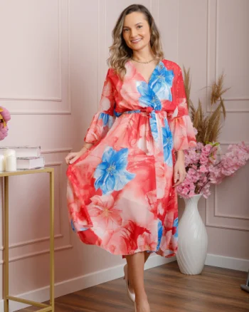Rochie eleganta Adaline din voal rosu cu imprimeuri florale