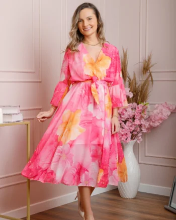 Rochie eleganta Adaline din voal ciclam cu imprimeuri florale