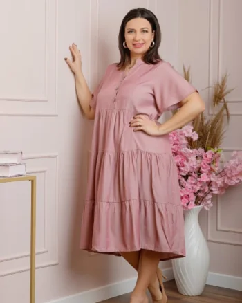 Rochie June cu aspect satinat si volane - Roz
