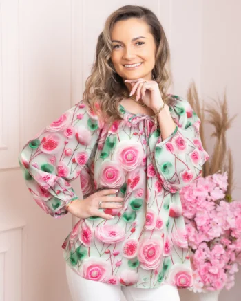 Bluza eleganta Fiona din voal cu imprimeu floral roz