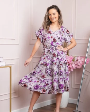 Rochie eleganta Maribel cu volanase si cordon in talie - Lila