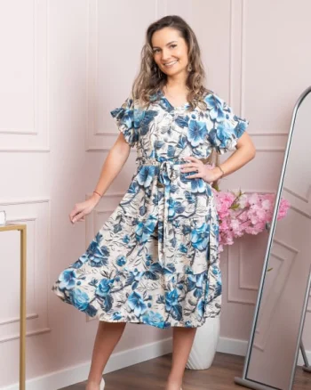 Rochie eleganta Maribel cu volanase si cordon in talie - Albastru