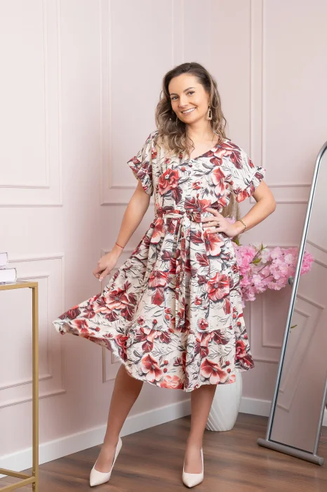 Rochie eleganta Maribel cu volanase si cordon in talie - Rosu
